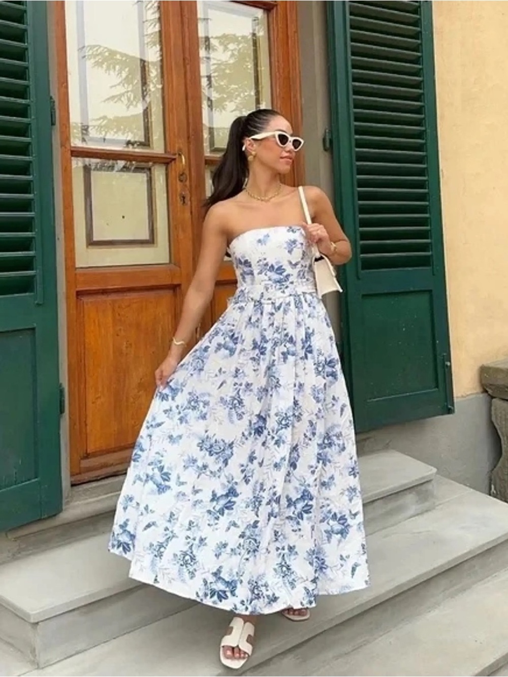 & Other Stories Belted Strapless White Linen Dress with Blue Floral Print